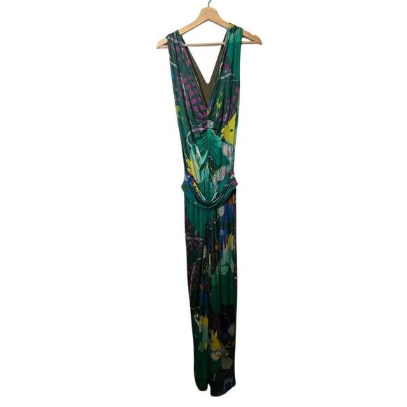 Etro Milano Turquoise Green Abstract Floral Ruched Maxi Dress Women's 46 US 10 - Picture 1 of 7
